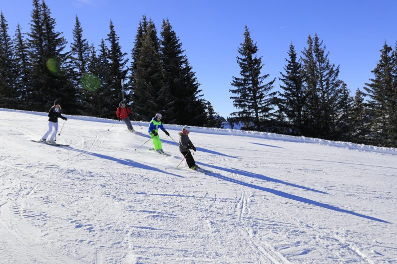 Skieurs sur une piste bordée de sapins