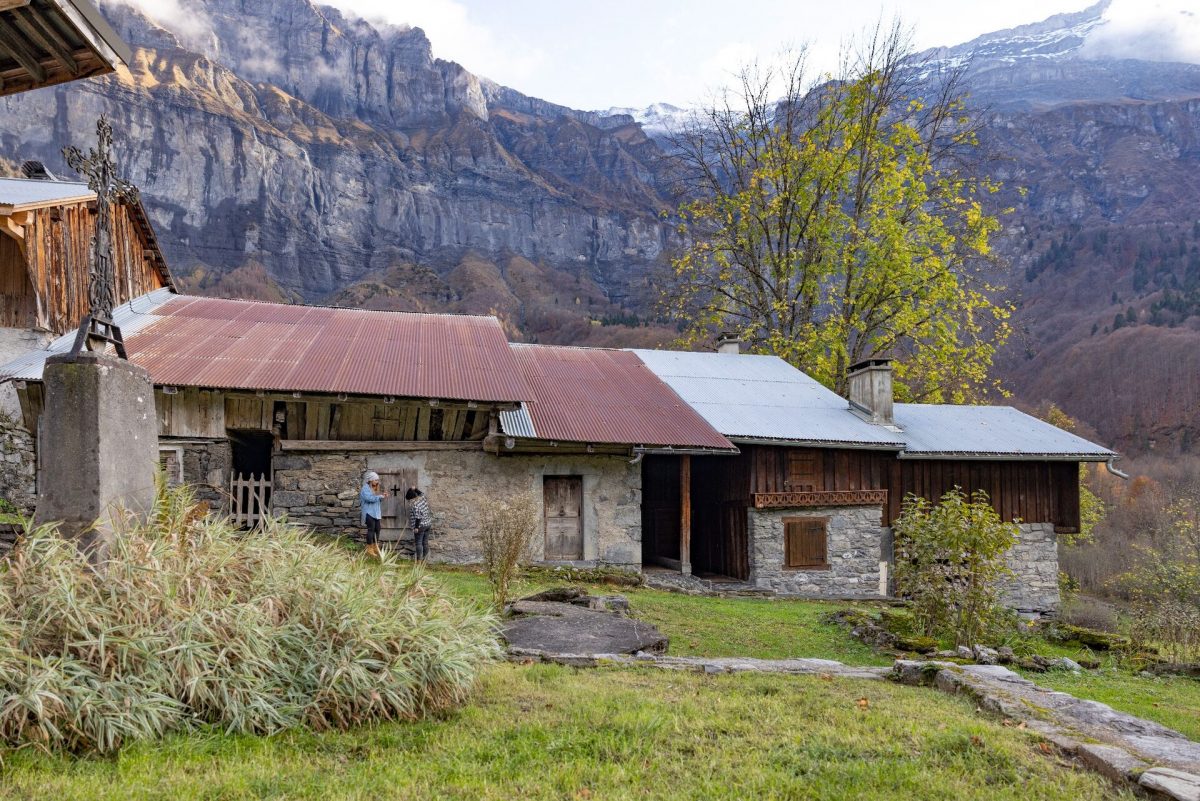 Chalets traditionnels entourés de montagnes et de forêts en automne