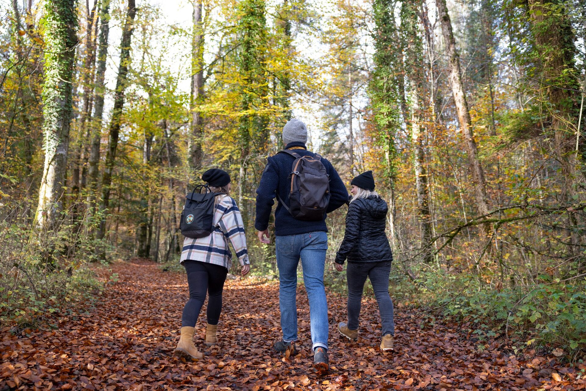 Famille en randonnée dans une forêt aux couleurs d’automne dans le Haut-Giffre